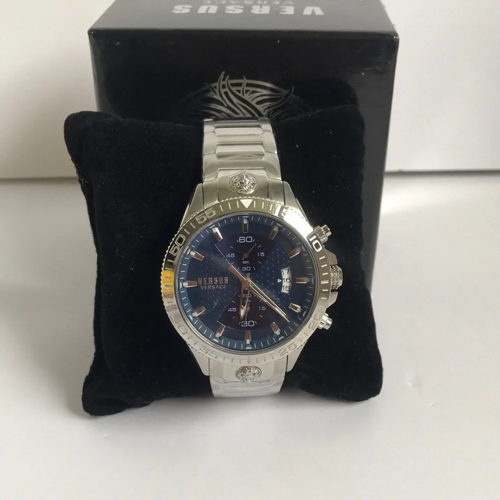 New Auth Versus Versace Men's Silver Stainless Steel Blue Dial Chronograph Watch